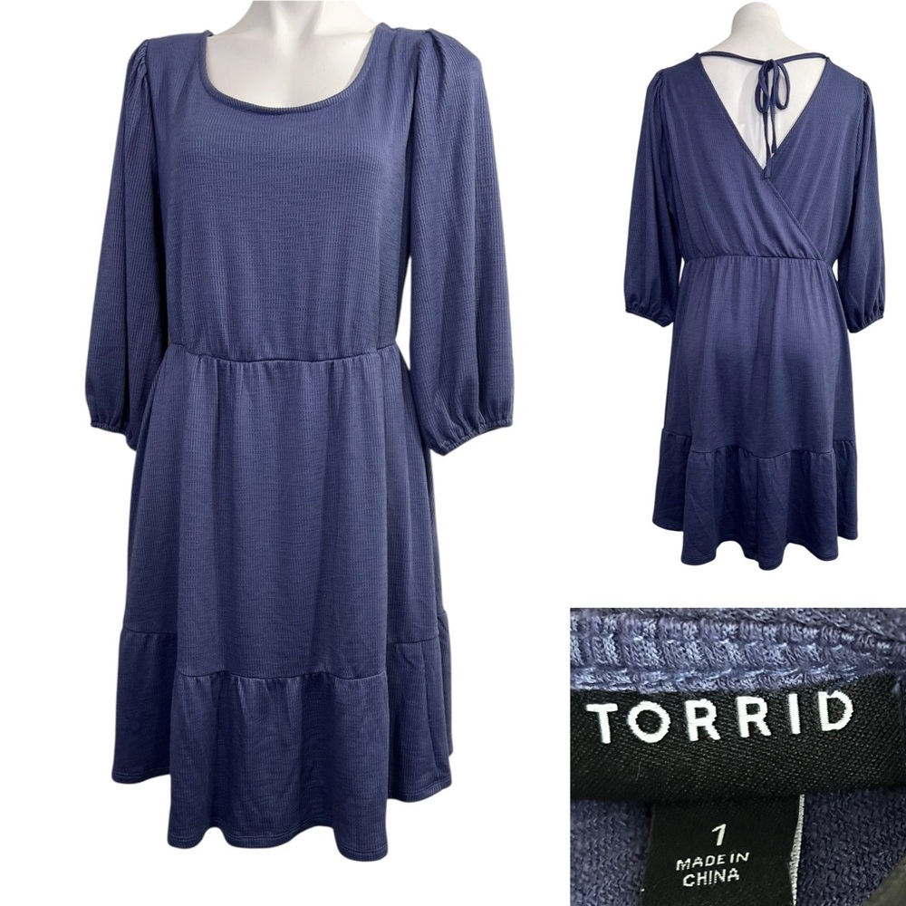 Torrid dress plus size 1x blue At The Knee Slub Rib Knit Flounce‎ office fall